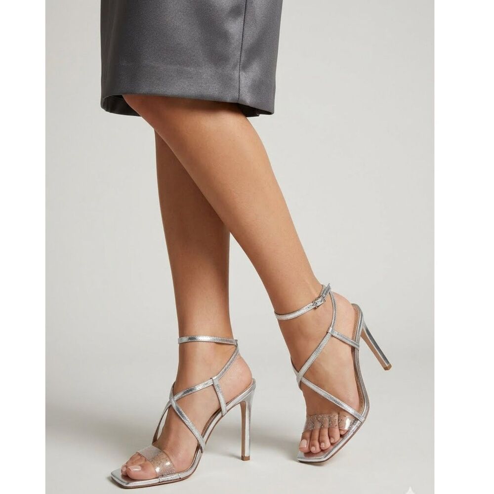 Schutz Stiletto Sandals 11 Ankle Wrap Wedding Cocktail Metallic Silver Aisha